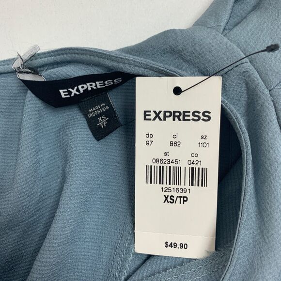 Express Top Women XS Extra Small Slate Satin Keyhole Back Flutter Sleeve Ruffle - Picture 9 of 12